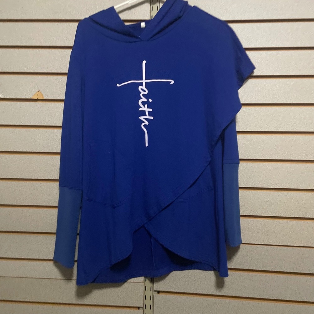 Womens‎ Blue Faith Graphic Hoodie Asymmetrical Hem Size L